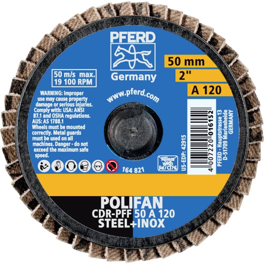 Schleifscheibe von PFERD, 50 mm Durchmesser, für Stahl und Inox. Geschwindigkeit: 50 m/s, 19.100 U/min. Typ: A 120.