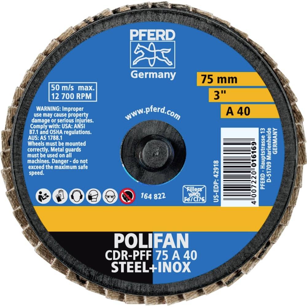 Abbildung einer Schleifscheibe von 'PFERD Germany' für Stahl und Inox, 75 mm Durchmesser, max. 12.700 Umdrehungen/Minute.