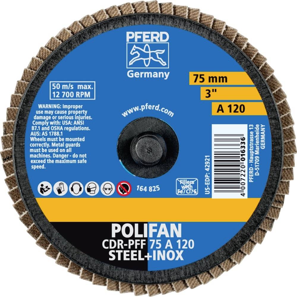 Schleifscheibe PFERD POLIFAN CDR-PFF 75 A 120 STEEL+INOX, 75 mm, max. 12.700 RPM, für Stahl und Edelstahl, Warnhinweise auf Etikett.