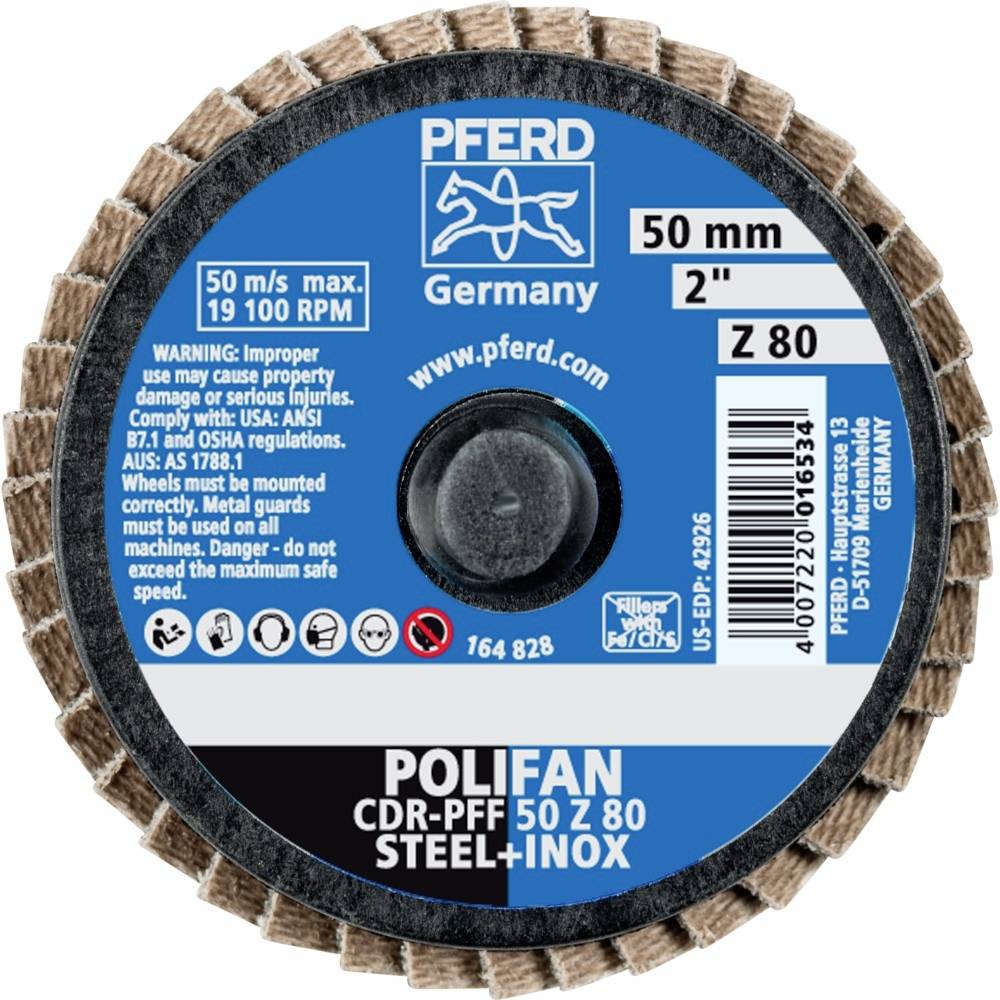 'PFERD Polifan CDR-PFF 50 Z 80, Stahl+Inox'. Schleifscheibe 50 mm, max. 19.100 U/min. Warnhinweise und Herstellerinfo.