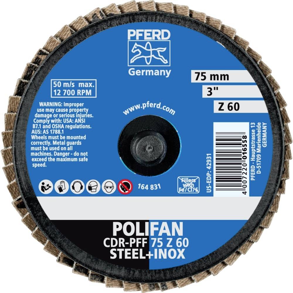PFERD 47202535 CDR PFF 75 Z 60 Fächerschleifscheibe Durchmesser 75mm Kobaltbasislegierung, Bronze, Titan, Kupfer, Messing