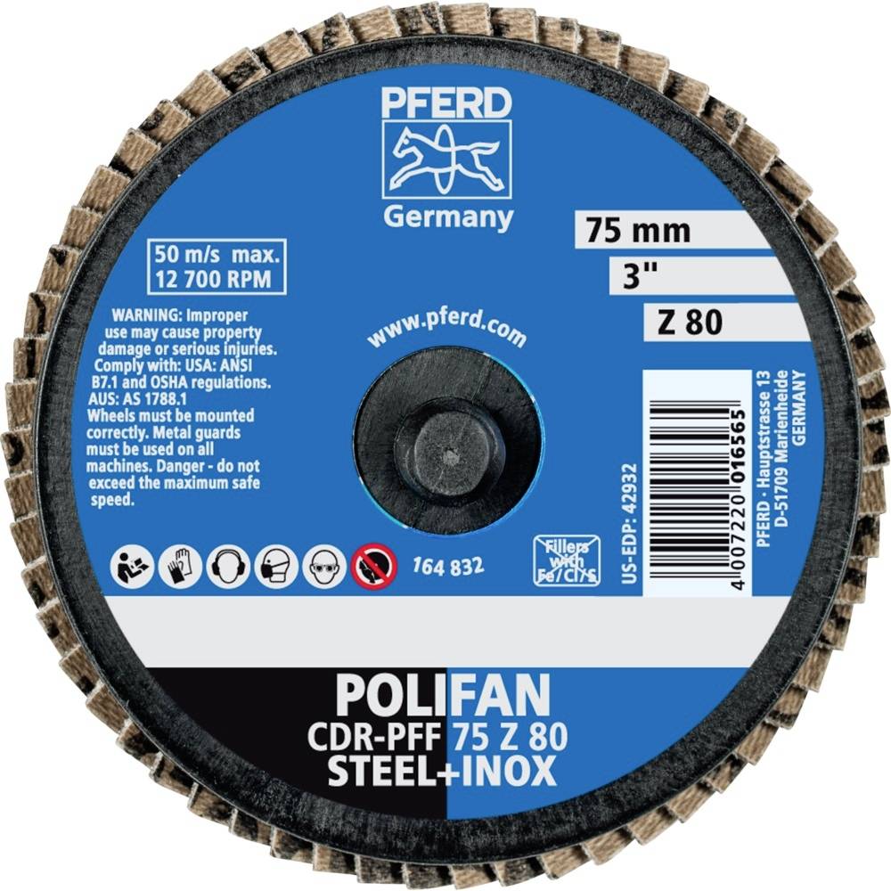 Runde Schleifscheibe mit der Aufschrift 'POLIFAN CDR-PFF 75 Z 80 STEEL+INOX', maximal 50 m/s, 12700 U/Min, 75 mm Durchmesser.