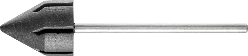 Bleistiftspitzer mit schwarzem Gehäuse und Metallspieß, horizontal ausgerichtet.