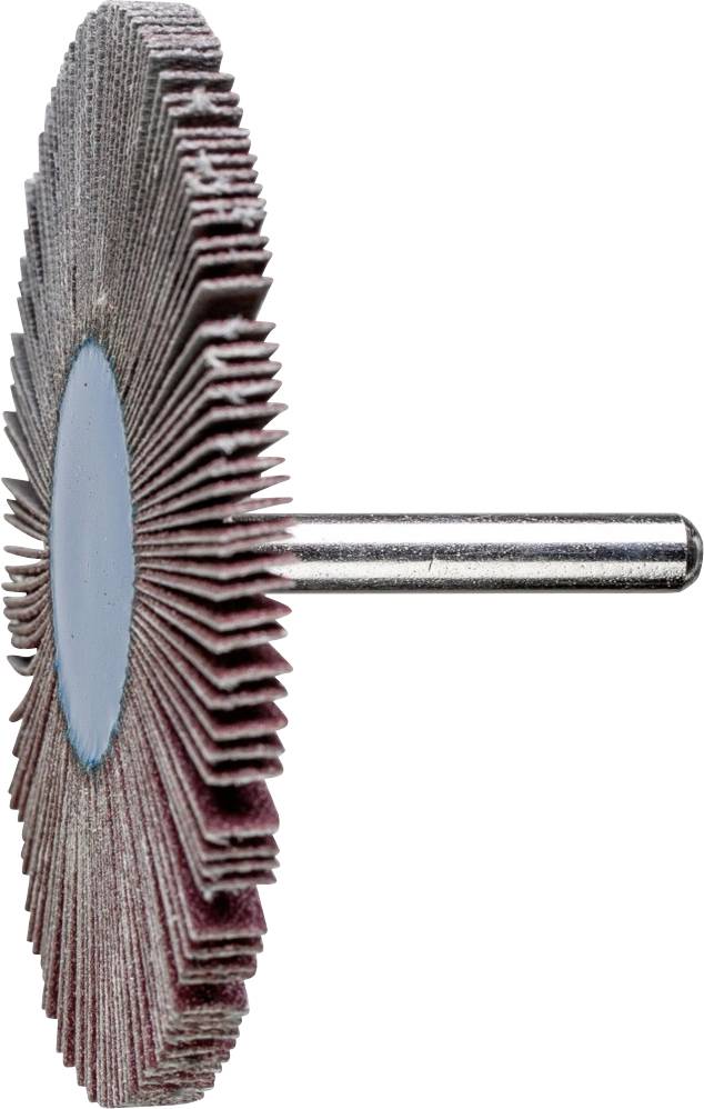 Seitenansicht einer rotierenden Schleifscheibe mit zahlreichen, radial angeordneten Schleifblättern um einen Metallkern.