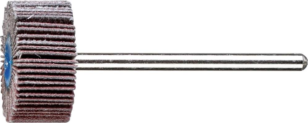 Schleifaufsatz, zylindrische Form mit radialen Lamellenstreifen, montiert auf einem Metallstab. Verwendet zum Polieren und Schleifen.