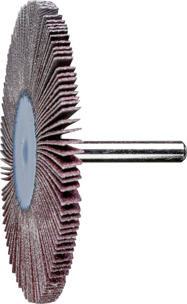 Flachschleifscheibe mit Metallstiel, geeignet für Schleifarbeiten an harten Oberflächen. Sie hat gefächerte, abgenutzte Lamellen.