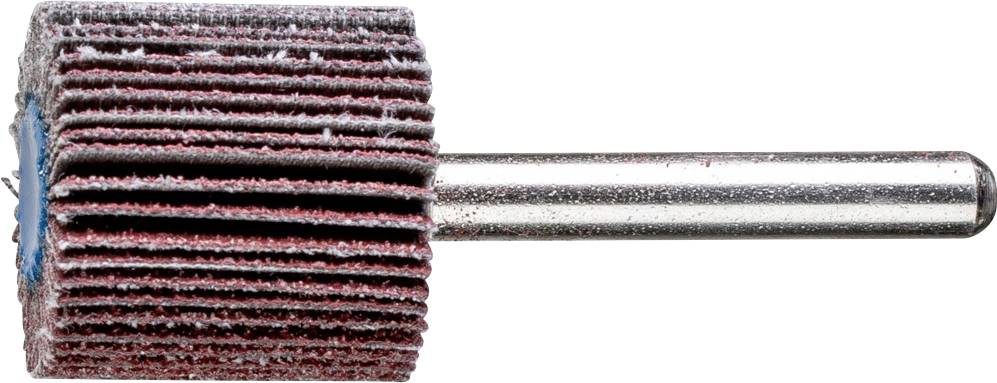 Ein Schleifwerkzeug mit mehreren rot-braunen Lamellen auf einem Metallstift, verwendet zur Oberflächenbearbeitung und Polieren.