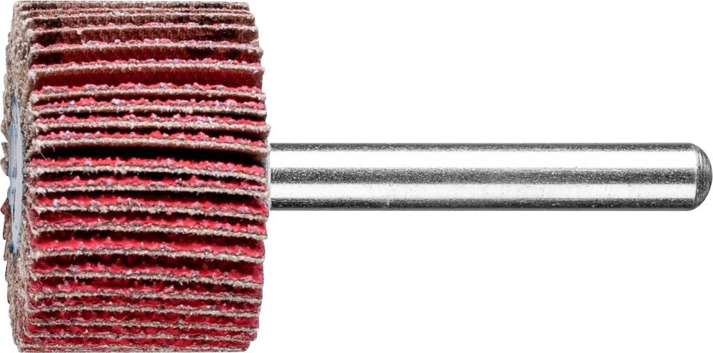 Ein rot-brauner Schleifaufsatz mit mehreren Lamellen auf einer Metallstange, zur Verwendung mit einem Bohrwerkzeug.