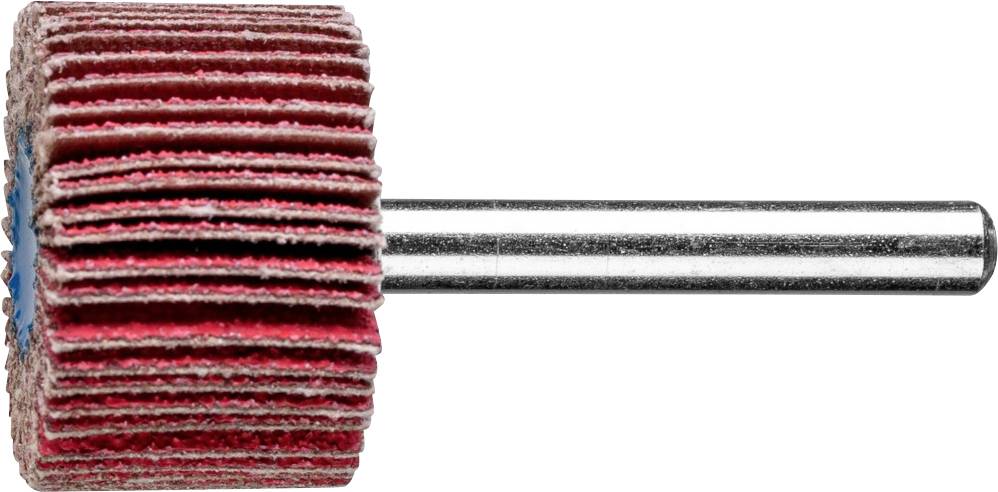 Ein rot-weißer Lamellen-Schleifaufsatz mit Metallstab zur Verwendung in Schleifmaschinen.