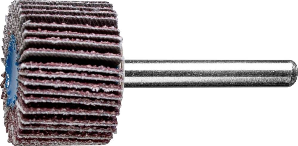 Ein Schleifwalzenaufsatz mit vielen Lamellen, die radial angeordnet sind, befestigt an einem metallischen Schaft. Verwendet zum Polieren.