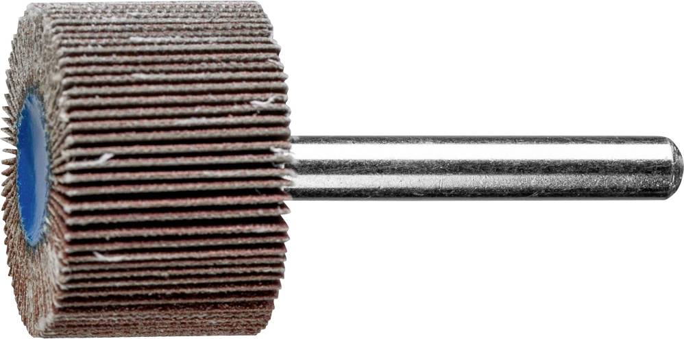 Schleifaufsatz mit mehreren Lagen Schleifpapier, zylinderförmig, montiert auf einem Metallstift. Used for polishing and sanding surfaces.