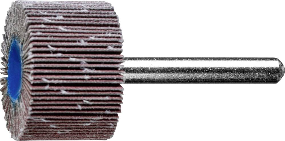 Schleifaufsatz in Zylinderform mit Metallstiel, bestehend aus gestapelten Schleifscheiben für Bohrmaschinen oder Winkelschleifer.