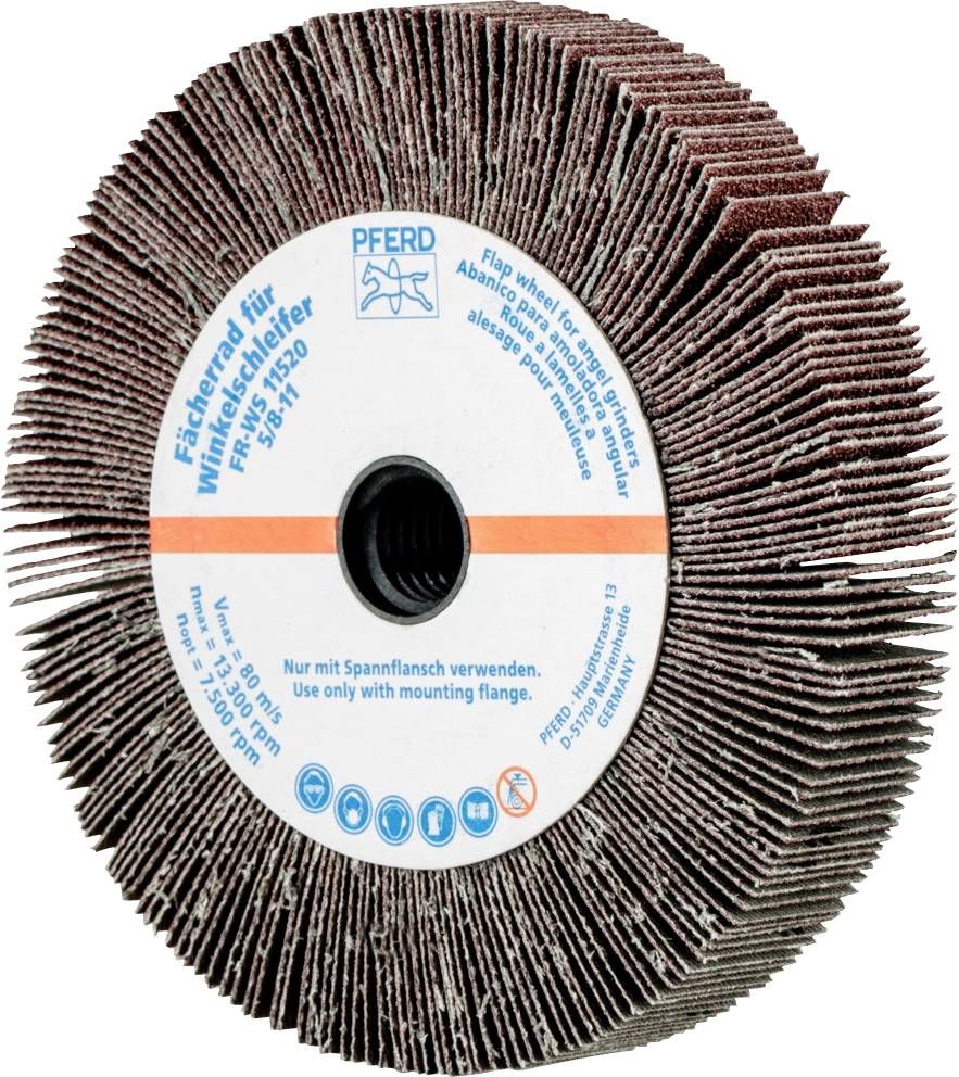'Fächerschleifrad für Winkelschleifer, PFERD'. Schleifrad mit vielen Lamellen für Oberflächenbearbeitung, kompatibel mit Winkelschleifern.