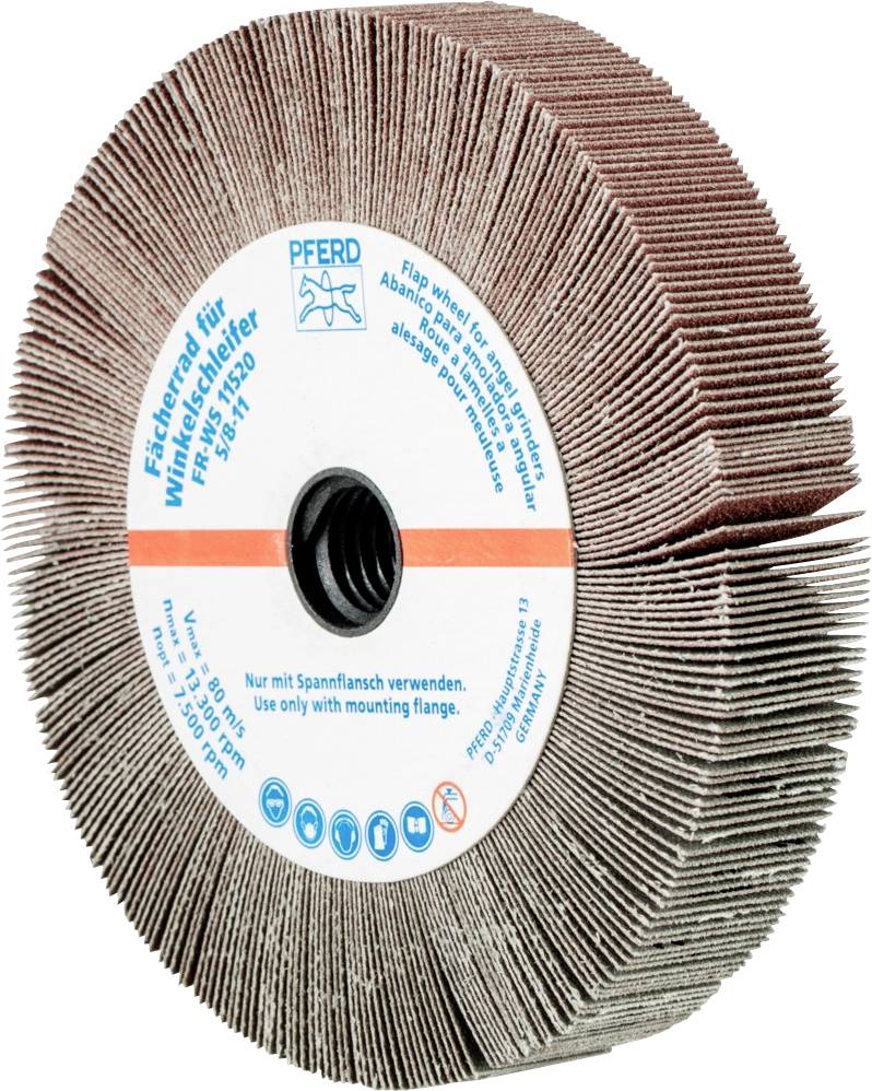 'PFERD Schleifmopteller' Winkel-Schleifgerät, braune Schleiflamellen, zentrale Montagelöcher.