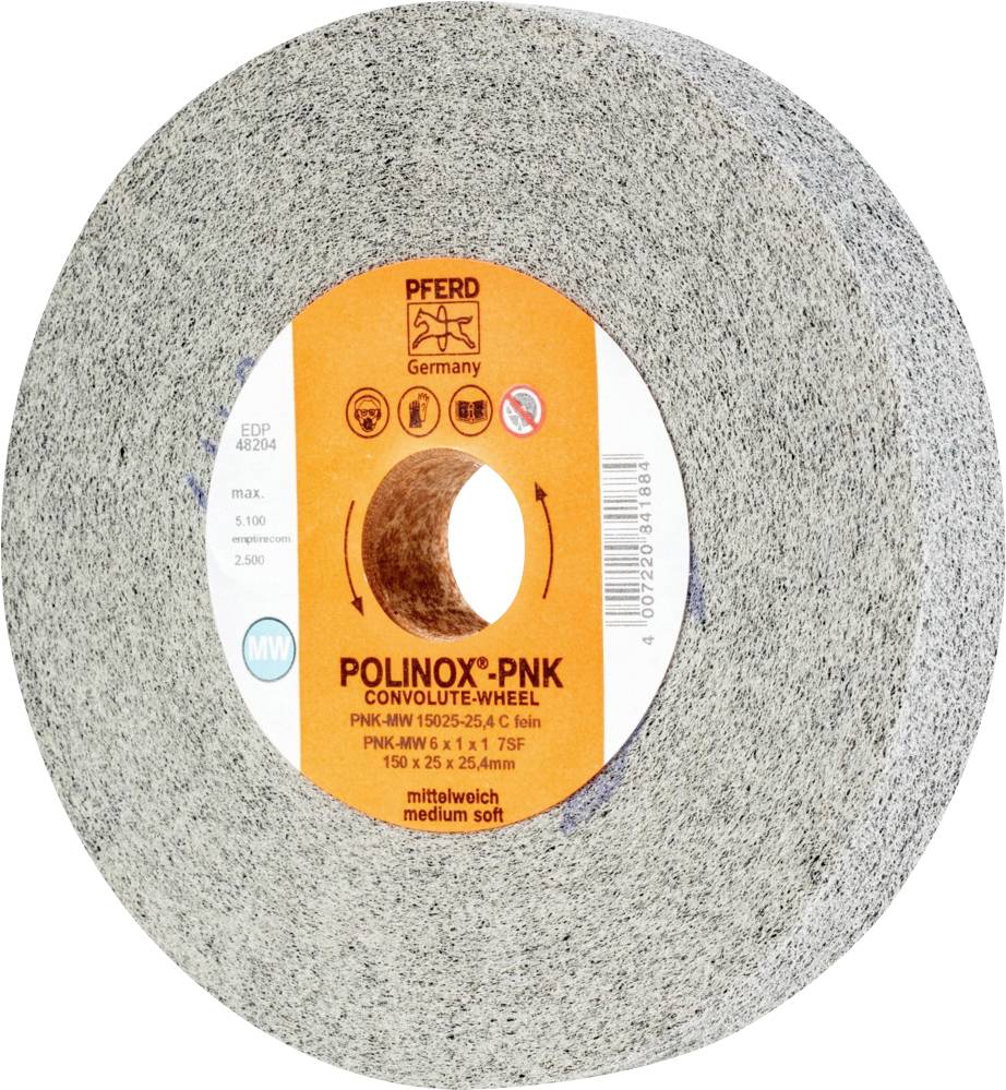 Ein graues Schleifrad mit orangenem Etikett 'POLINOX®-PNK' von PFERD. Größe: 150 x 25 x 25,4 mm. Mittelweich, maximale Drehzahl 5.200 U/min.