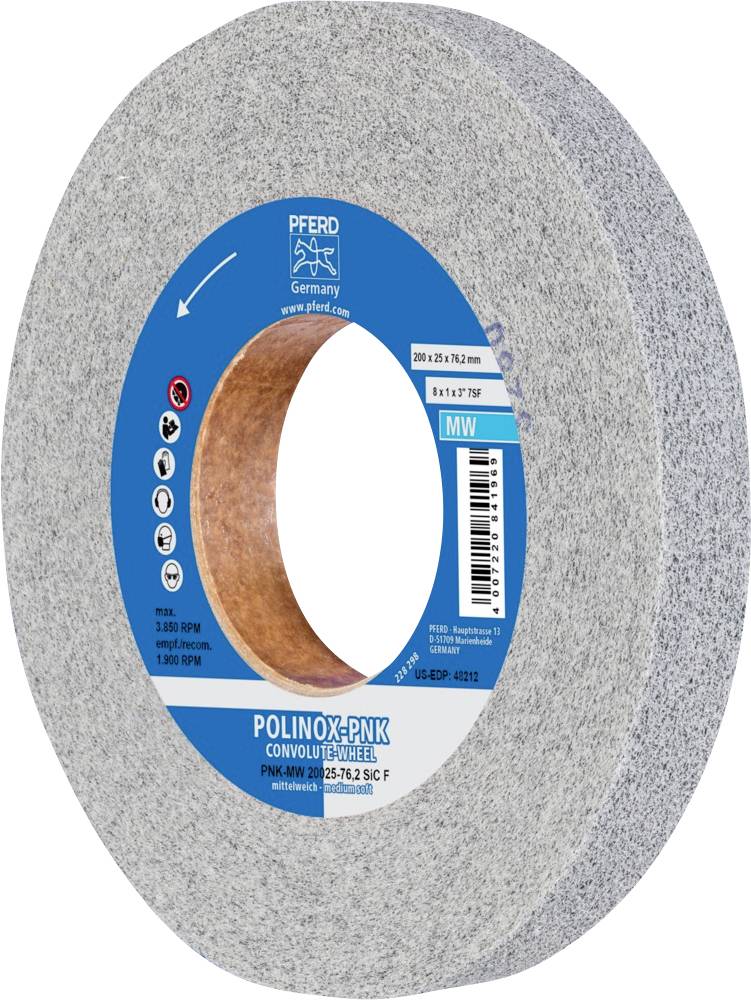 'POLINOX-PNK Convolute Wheel' von PFERD, grau-weißes Schleifrad mit blauem Etikett, zeigt Markenname und Spezifikationen.