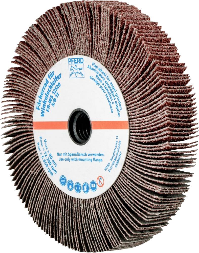 Schleifwerkzeug mit Fächerdesign, Aufschrift: Nur mit Spannflansch verwenden, in mehreren Sprachen.