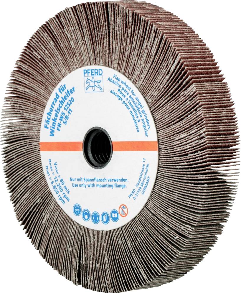 Schleifmop für Winkelschleifer mit vielen Lamellen aus Schleifpapier, zentrale Öffnung. Text auf der Scheibe: 'Flap wheel for angle grinder'.