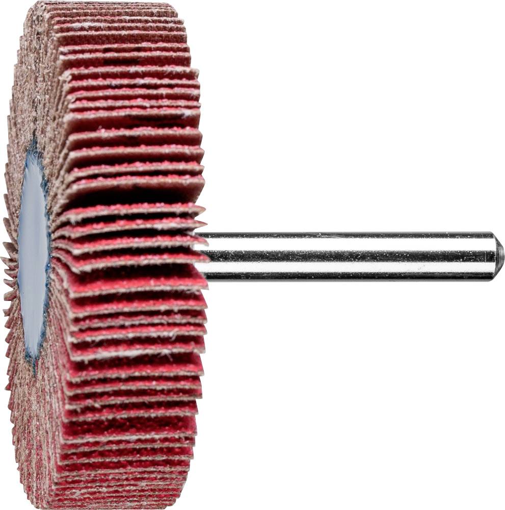 Ein rot-brauner Lamellenschleifaufsatz mit Metallschaft. Verwendet zum Schleifen und Polieren auf verschiedenen Oberflächen.