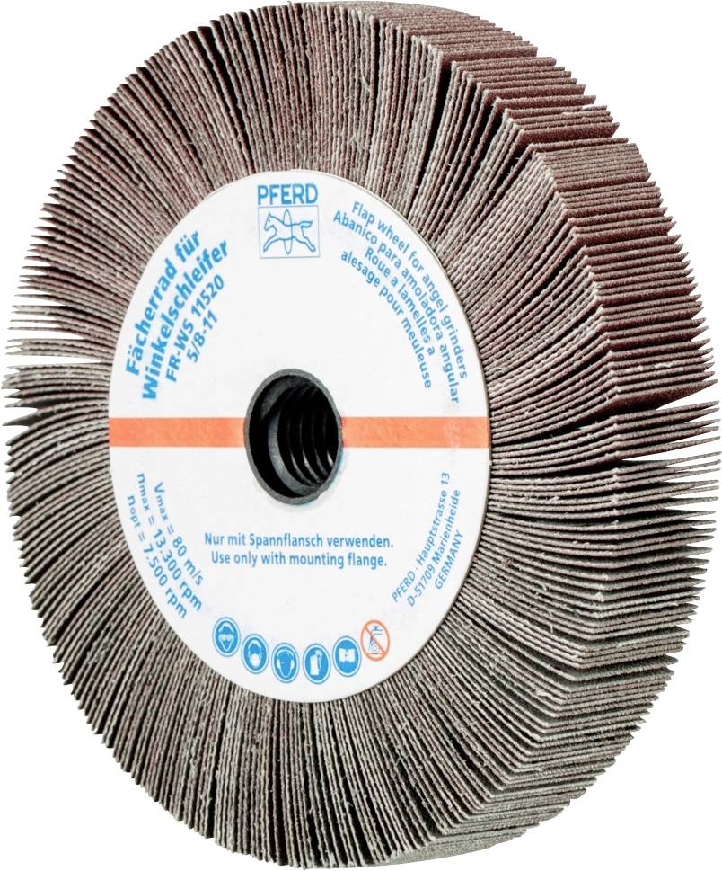 Schleifrad für Winkelschleifer mit der Aufschrift 'PFERD', inklusive Sicherheitshinweise. Hauptsächlich braune Lamellen.