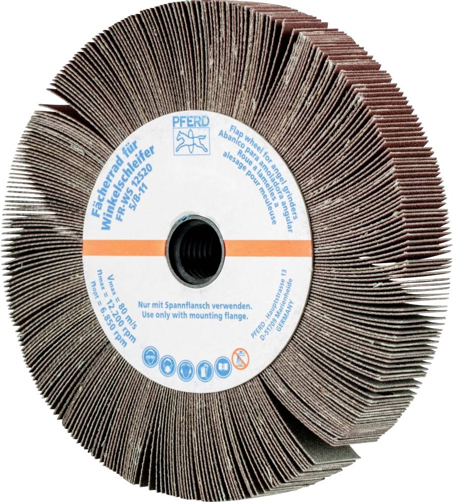 Schleifscheibe mit Lamellen, geeignet für Winkelschleifer. Etikett zeigt Marke 'PFERD', Artikelnummer und Sicherheitswarnhinweise.