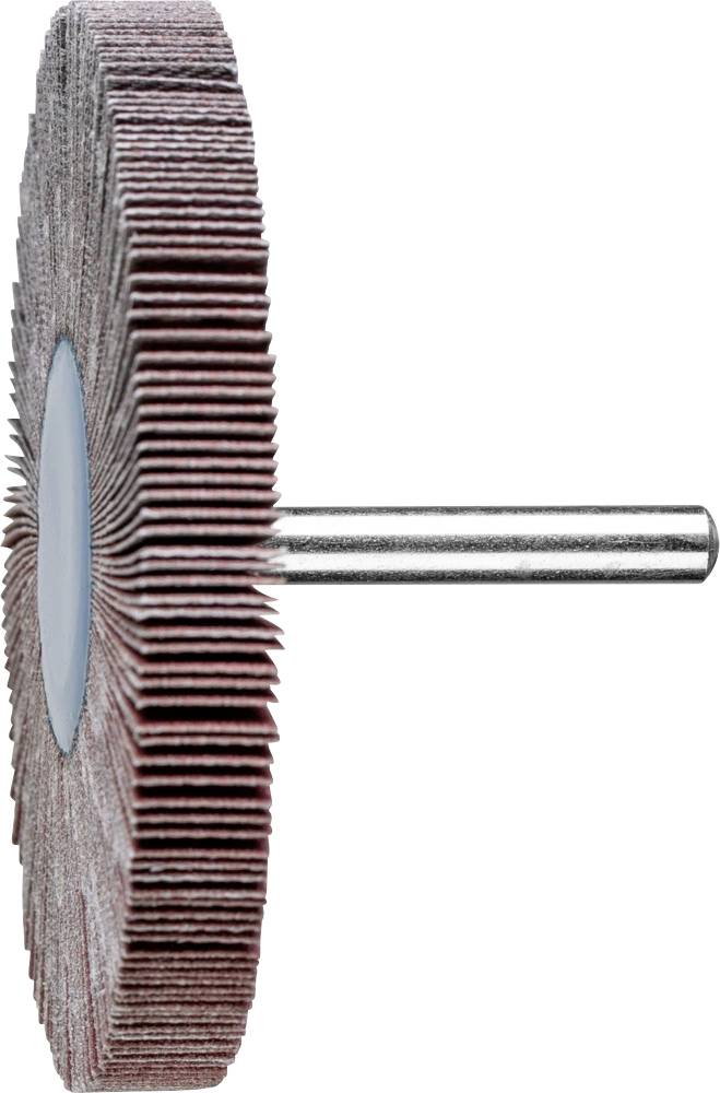 Schleifmopprad mit zahlreichen lamellenartigen Schleifblättern an einer Metallachse, zur Oberflächenbearbeitung.