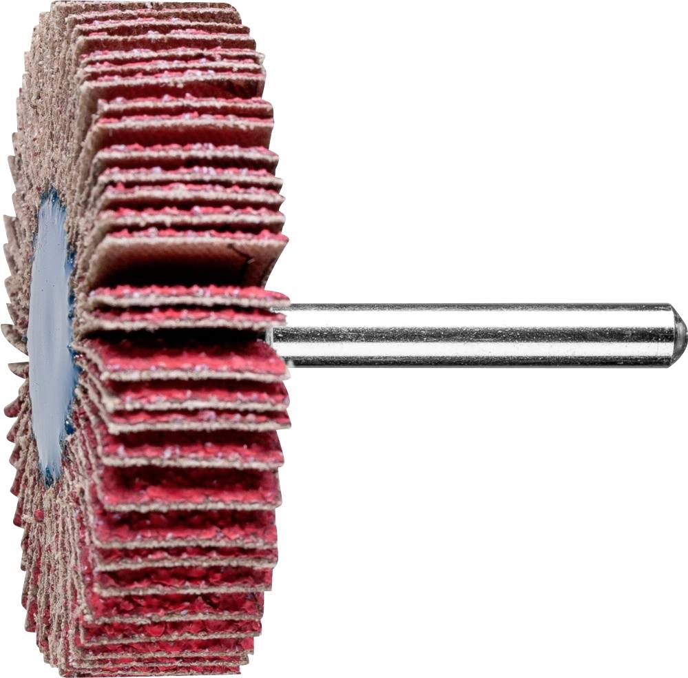 Ein Schleifaufsatz mit mehreren roten Lamellen auf einem Metallstift, seitliche Ansicht, dient zum Glätten oder Polieren von Oberflächen.