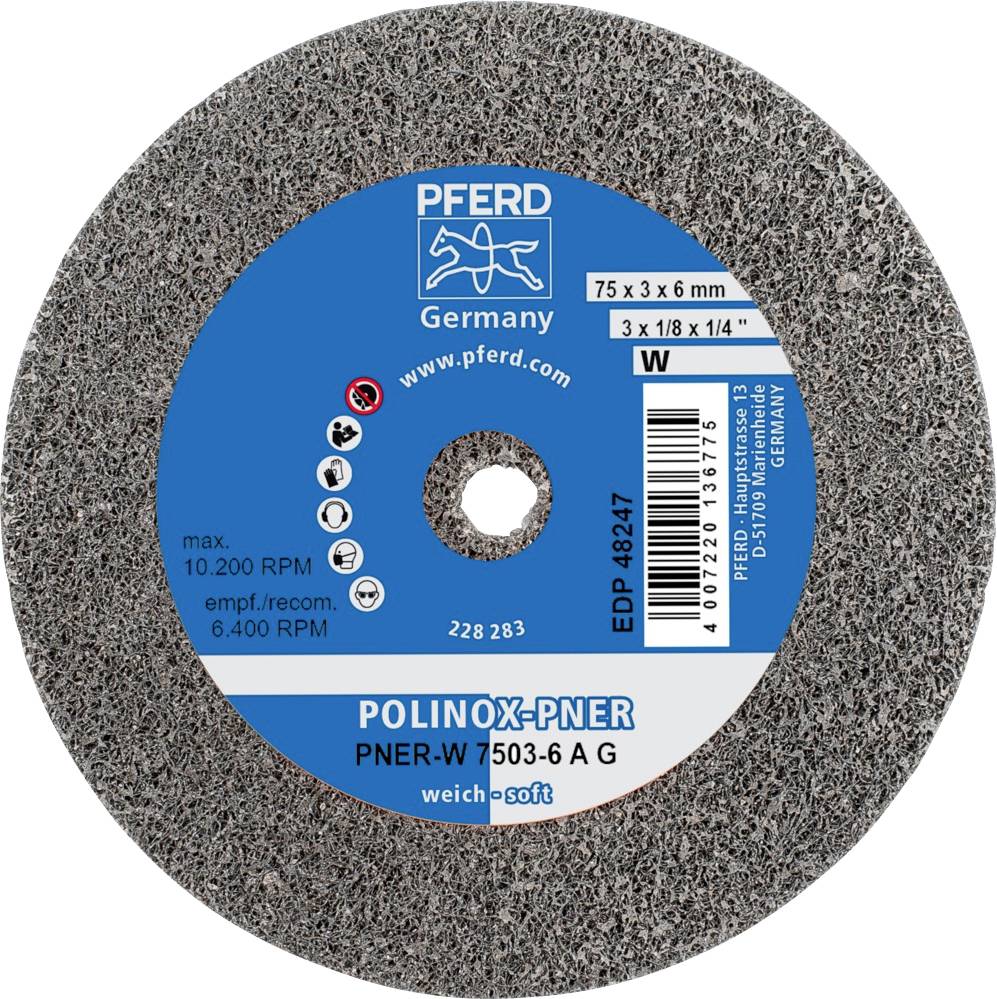 Schleifscheibe mit blauer Aufschrift: 'PFERD Germany', 'POLINOX-PNER', technische Details wie Größe, Drehzahl und Produktnummer.