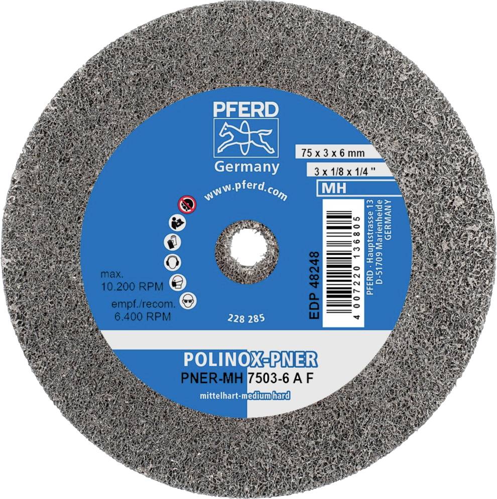 Schleifrad mit blauer Etikettierung, bezeichnet als 'PFERD Polinox-PNER' für mittelhartes Schleifen, max. 10.200 U/min.