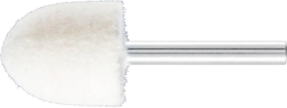 Polieraufsatz aus hellem Wollstoff auf einem Metallstab. Verwendet für das Polieren von Oberflächen in Handwerk oder DIY-Projekten.