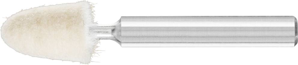 Ein Polieraufsatz in Kugelform aus Filz mit einem silbernen Schaft. Verwendet zum Glätten und Polieren von Oberflächen.