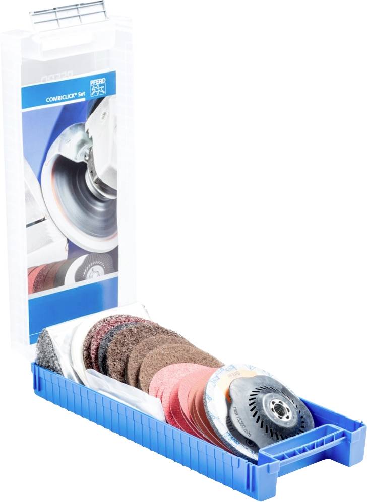 Schleifscheiben-Set in blauer Plastikbox, teilweise geöffnet, zeigt verschiedene Schleifscheiben für Metallbearbeitung.