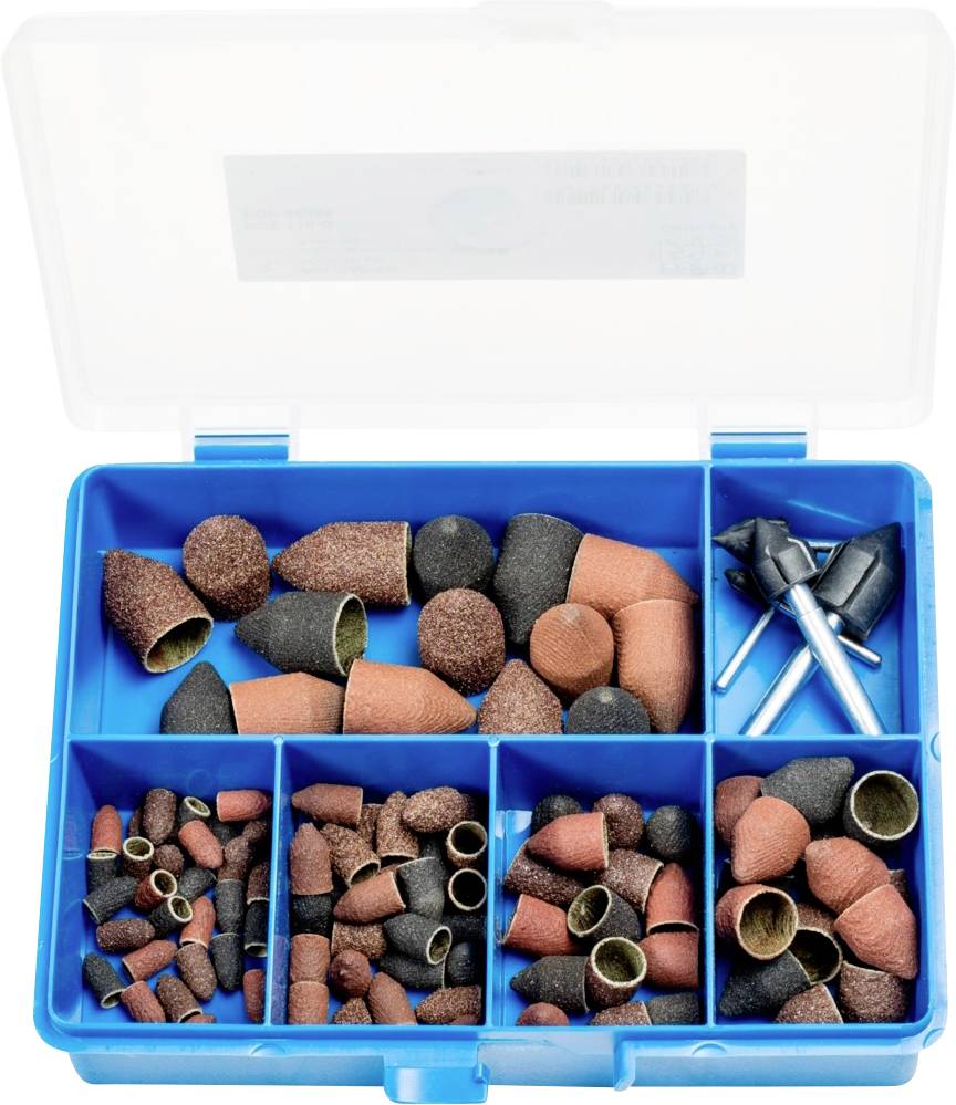 Ein offener blauer Kasten mit verschiedenen Schleifaufsätzen in mehreren Fächern. Enthält kegelförmige und zylinderförmige Teile.