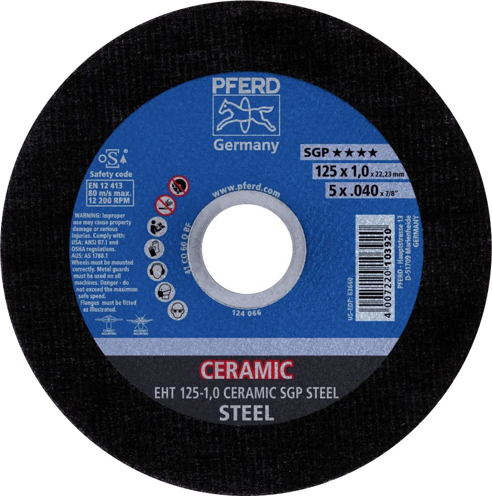 Schleifscheibe von PFERD für Stahl, 125 x 1,0 mm, max. 12.200 U/min, Safety Code EN 12413, blau-schwarz mit PFERD-Logo.