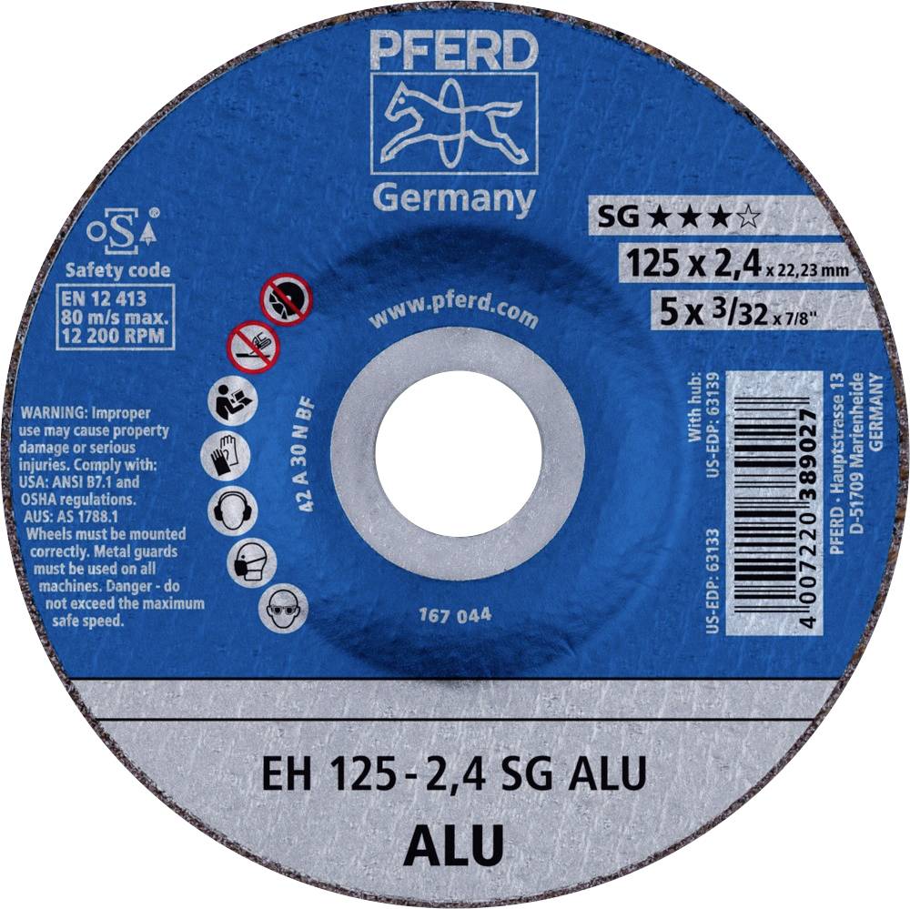 Blauer Trennschleifscheibe mit Aufschrift 'PFERD Germany'. Details: 125 x 2,4 mm, geeignet für Aluminium, max. 12.200 U/min.