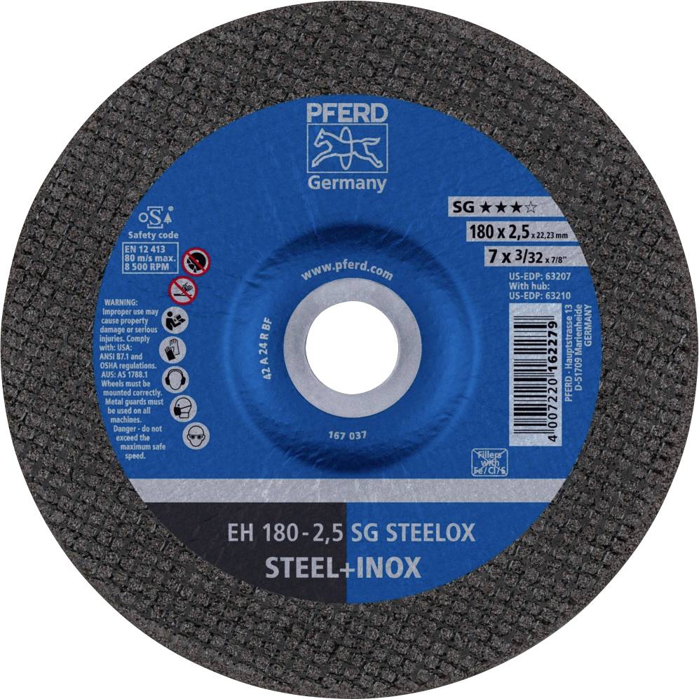 Schleifscheibe von PFERD für Stahl und Edelstahl, Durchmesser 180 mm, Dicke 2,5 mm, maximale Drehzahl 8.500 U/min.
