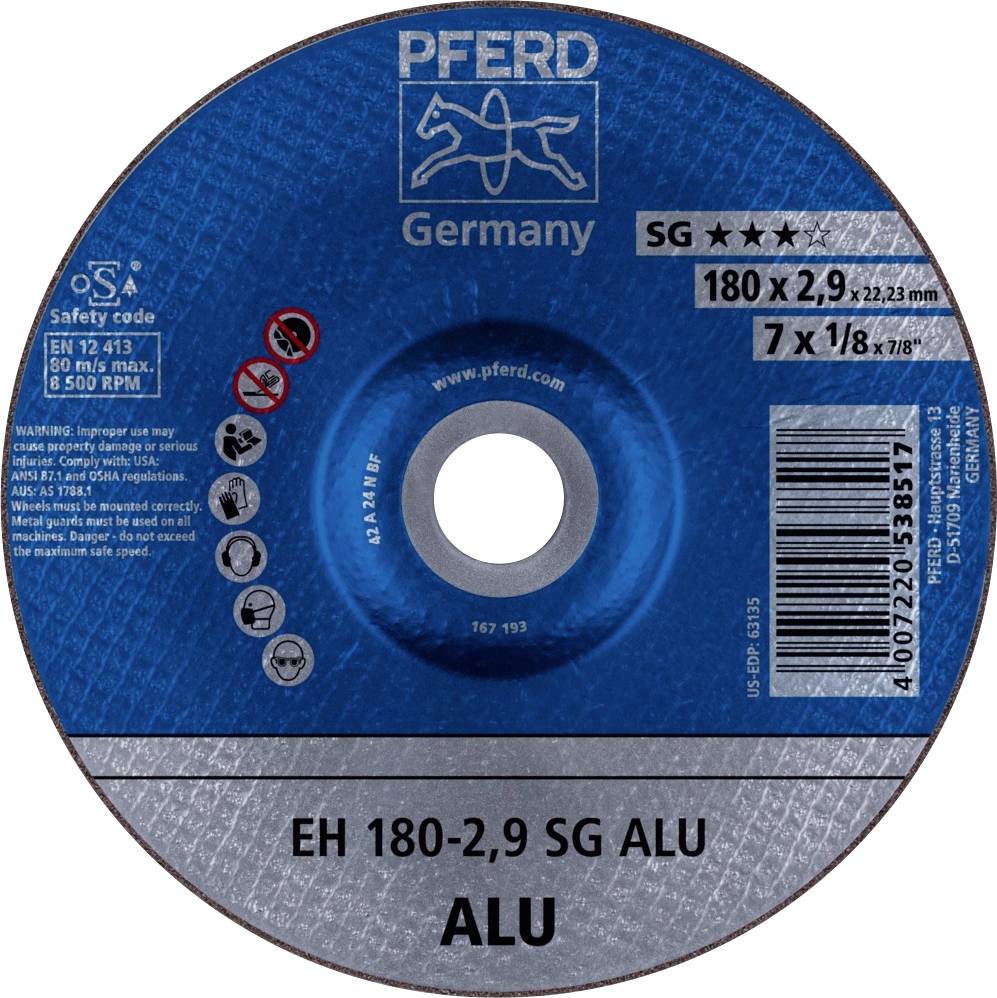 Schleifscheibe der Marke PFERD, Modell SG ALU, Durchmesser 180 mm, Stärke 2,9 mm, geeignet für Aluminium.