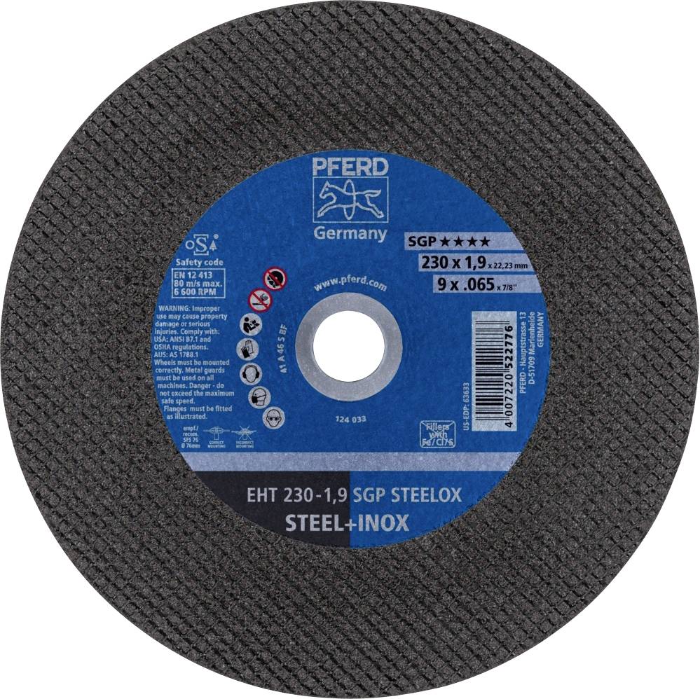 Schleifscheibe von Pferd Germany, SGP STEELOX, Durchmesser 230 mm, für Stahl und Inox. Aufgedruckte Sicherheitshinweise und Zertifikate.