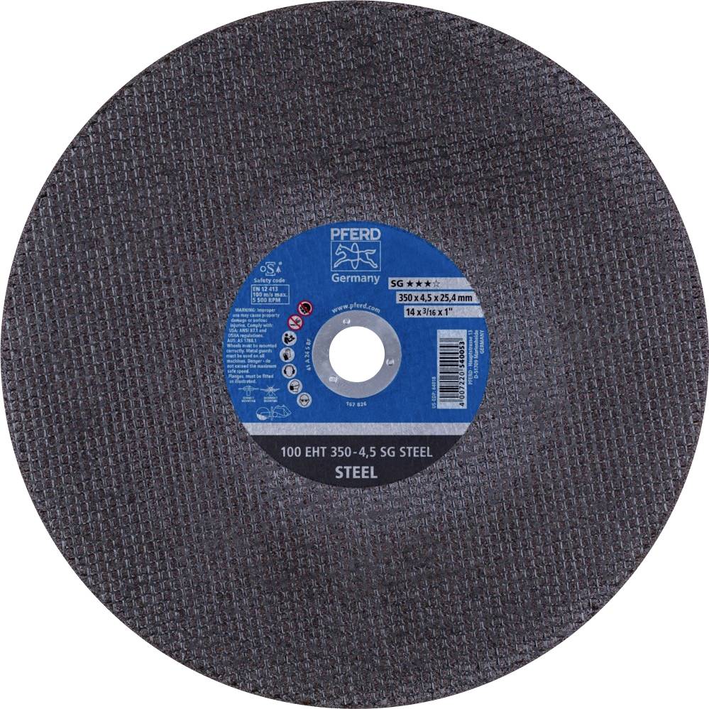 'PFERD 350 x 4,5 x 25,4 mm SG Stahl Trennscheibe' mit blauer Mitte und schwarzem Außenring für die Metallbearbeitung.
