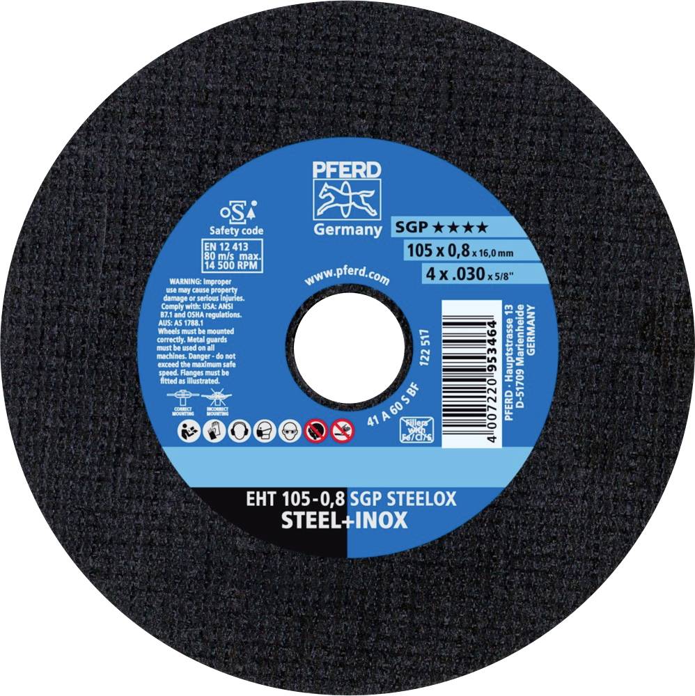 Schleifscheibe von PFERD, Modell SGP STEELOX, Größe 105 x 0,8 mm, geeignet für Stahl und Edelstahl.