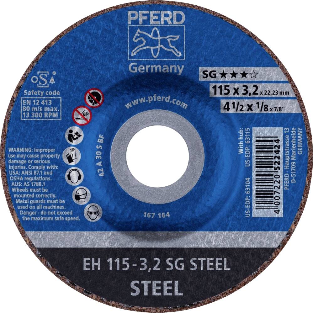 'PFERD Germany' Schleifscheibe für Stahl, Maße: 115 x 3,2 x 22,23 mm, max. Drehzahl: 13.300 U/min, Warnhinweise und Sicherheitssymbole.