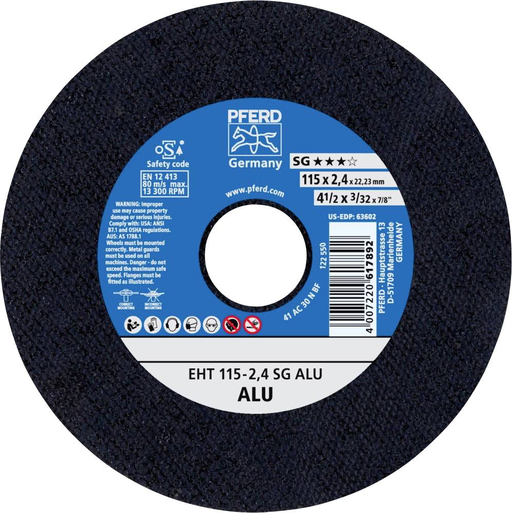 Schleifscheibe von PFERD für Aluminium, Modell EHT 115-2,4 SG ALU, 115 mm Durchmesser, 13.300 U/min.