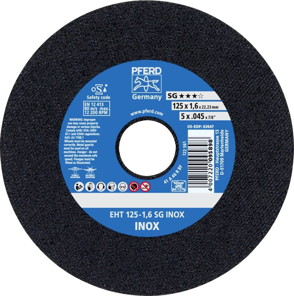 Eine Schleifscheibe mit der Aufschrift 'PFERD Germany', Durchmesser 125 mm, Dicke 1,6 mm, für Edelstahl (INOX) geeignet.