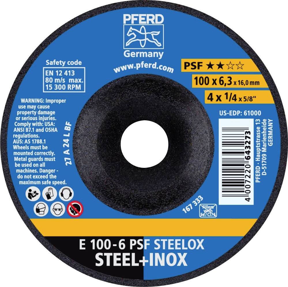 Schleifscheibeetikett mit Daten: PSF, 100 x 6,3 x 16,0 mm, 4 x 1/4 x 5/8 Zoll. Sicherheitscode: EN 12 413, max. 80 m/s, 15.300 U/min.