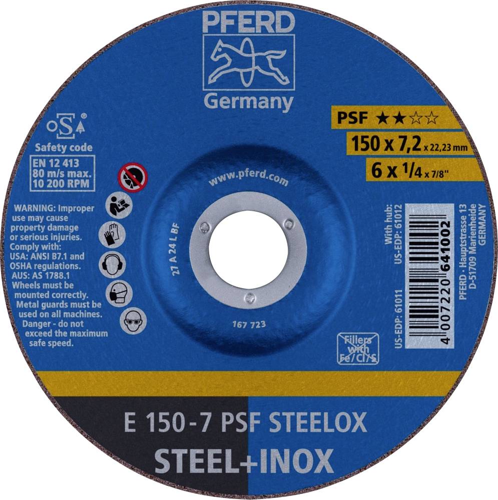 Schleifscheibe von 'PFERD Germany', Modell PSF, mit den Maßen 150 x 7,2 x 22,23 mm. Geeignet für Stahl und Inox, max. 10.200 U/min.