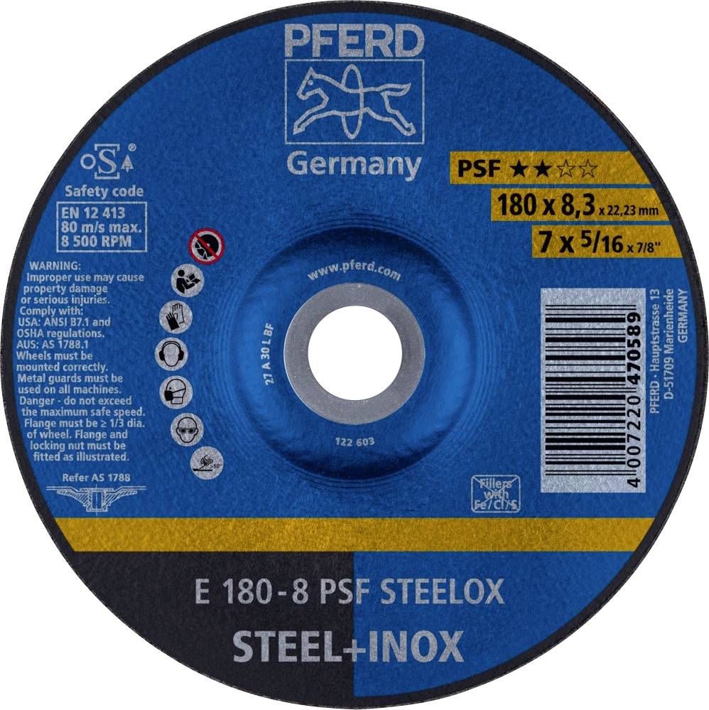 Schleifscheibe der Marke PFERD Germany, PSF E 180-8, für Stahl und Inox, 180 x 8 mm, max. 8.500 U/min, Sicherheits- und Warnhinweise enthalten.