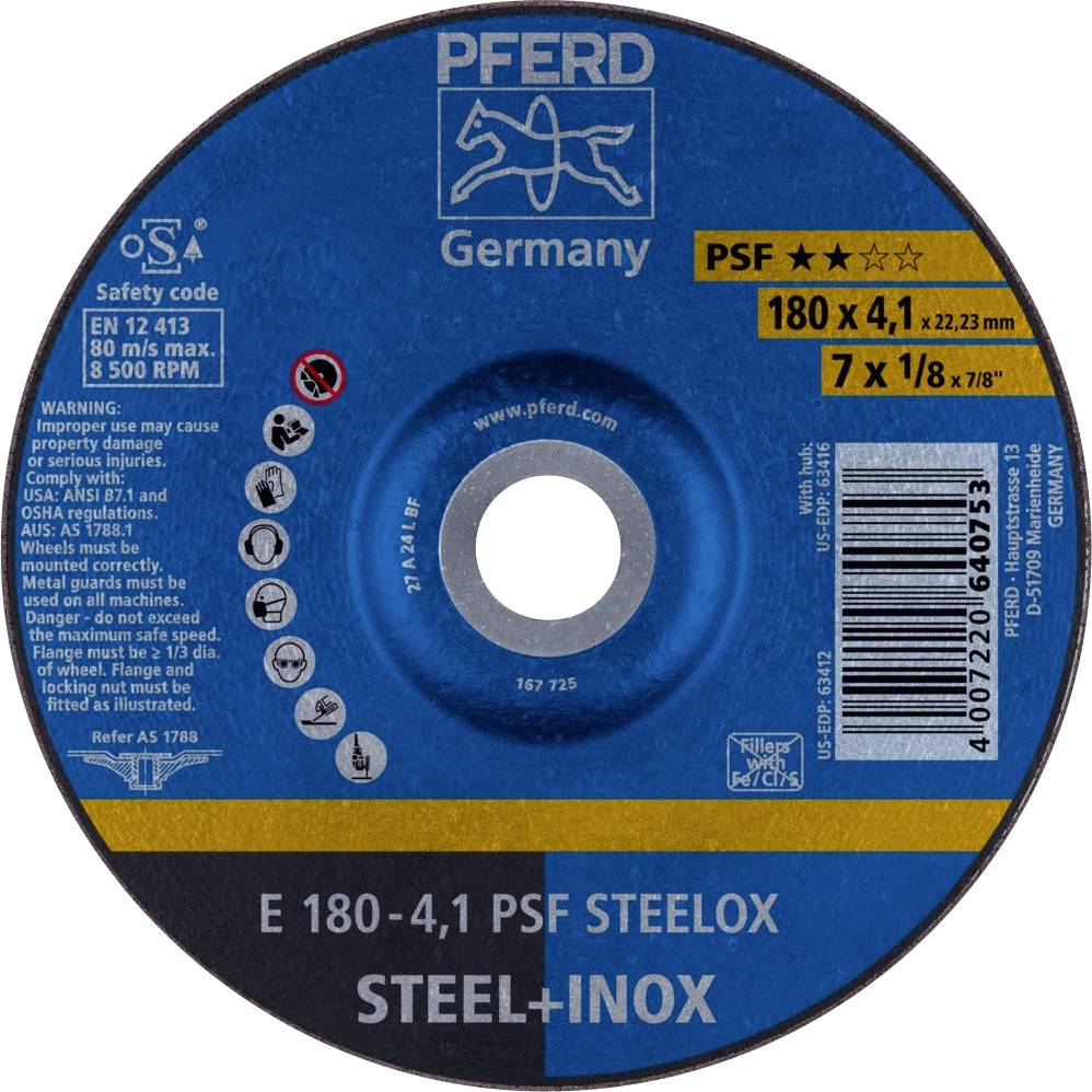PFERD 62017950 E 180-4,1 PSF STEELOX Schruppscheibe gekröpft Durchmesser 180mm Bohrungs-Ø 22.23mm Edelstahl, Stahl 10St.