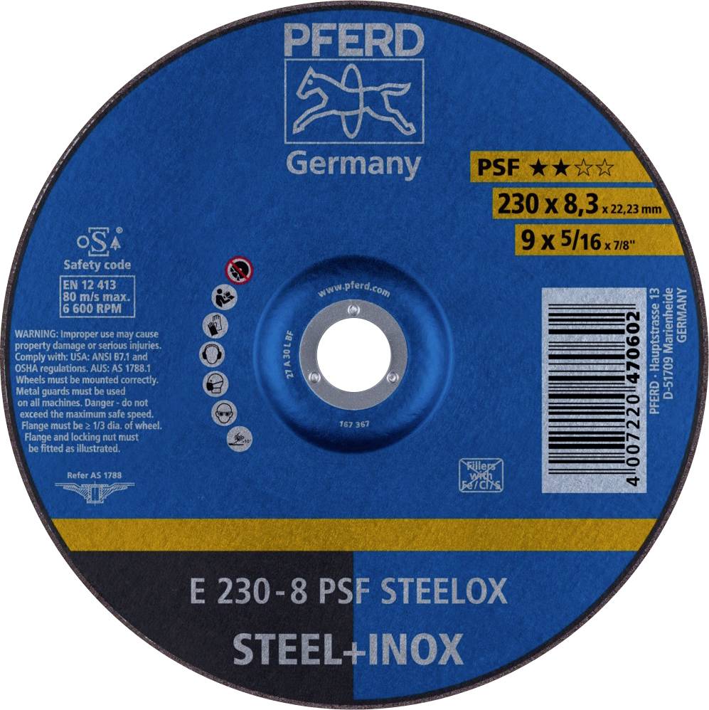 Schleifscheibe mit Aufschrift 'PFERD Germany', Modell 'E 230-8 PSF STEELOX', geeignet für Stahl und Inox, Größe 230 x 8,3 x 22,23 mm.