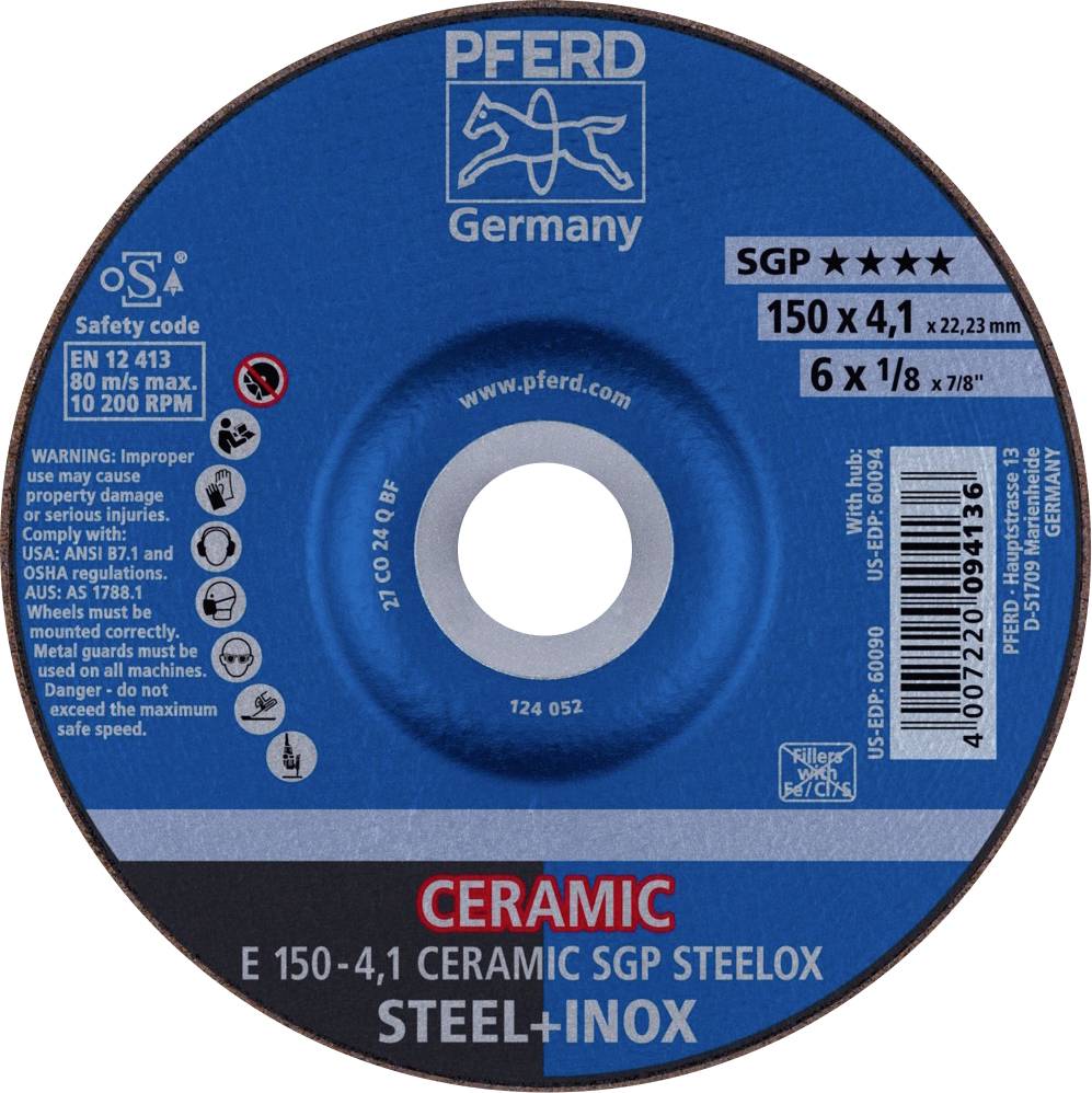 Blauer Trennscheibe-Aufkleber mit Angaben: 'PFERD', für Stahl und Inox, Größe 150 x 4,1 mm, 80 m/s, 10200 RPM. Warnhinweise enthalten.