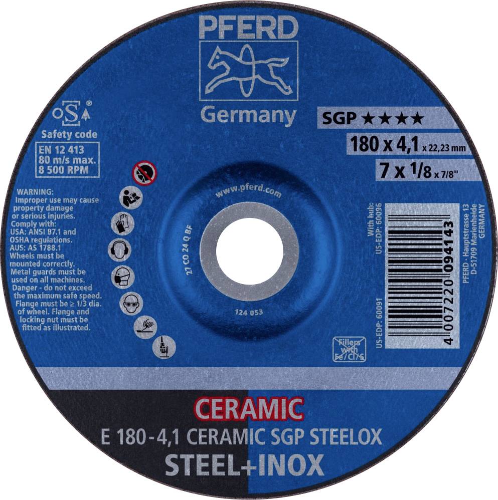 PFERD 62100180 E 180-4,1 CERAMIC SGP STEELOX Schruppscheibe gekröpft Durchmesser 180mm Bohrungs-Ø 22.23mm Edelstahl, Stahl 10St.